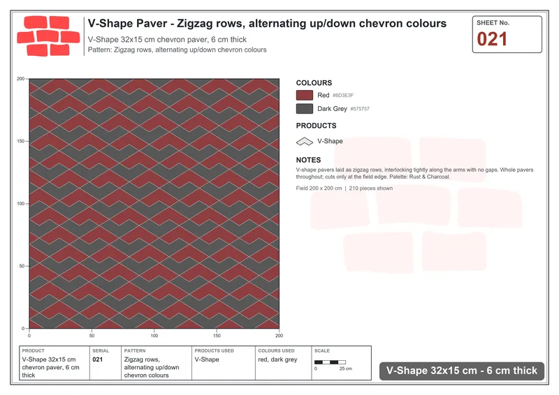Interlock (Pasco) 32x15 cm · VSH-021 · Zigzag rows, alternating up/down chevron colours · Laying plan Interlock (Pasco) 32x15 cm · VSH-021 · Zigzag rows, alternating up/down chevron colours · Laying plan