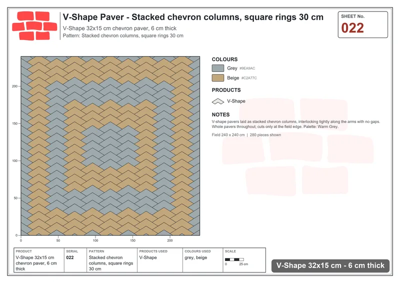 Interlock (Pasco) 32x15 cm · VSH-022 · Stacked chevron columns, square rings 30 cm · Laying plan Interlock (Pasco) 32x15 cm · VSH-022 · Stacked chevron columns, square rings 30 cm · Laying plan