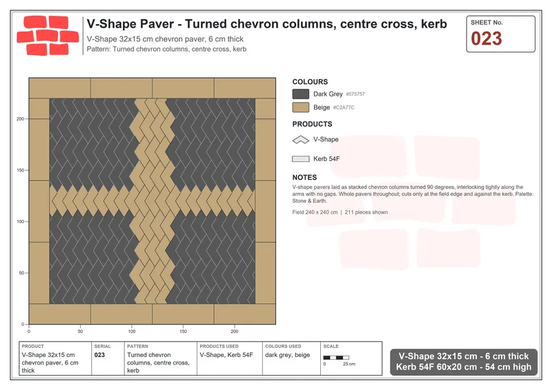 Interlock (Pasco) 32x15 cm · VSH-023 · Turned chevron columns, centre cross, kerb · Laying plan Interlock (Pasco) 32x15 cm · VSH-023 · Turned chevron columns, centre cross, kerb · Laying plan