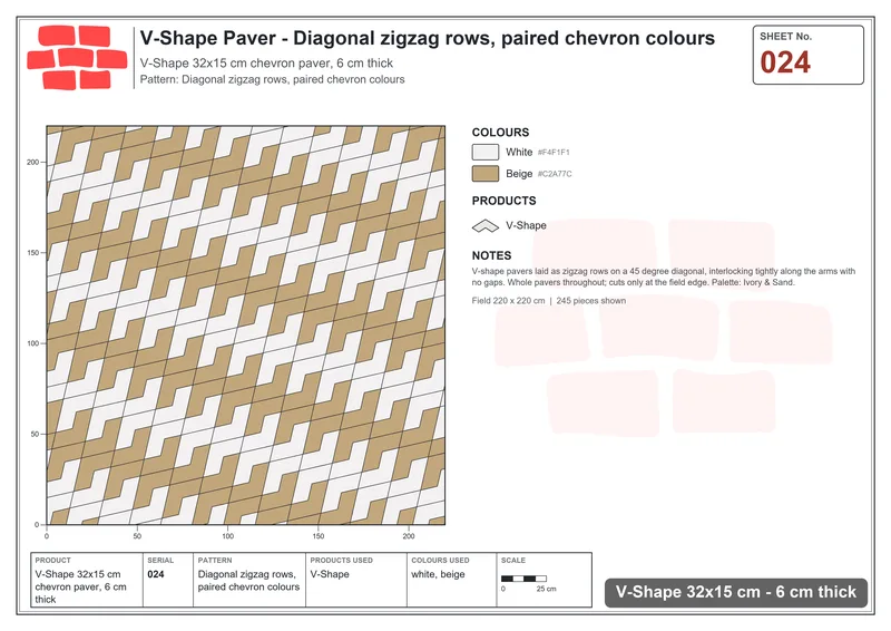 Interlock (Pasco) 32x15 cm · VSH-024 · Diagonal zigzag rows, paired chevron colours · Laying plan Interlock (Pasco) 32x15 cm · VSH-024 · Diagonal zigzag rows, paired chevron colours · Laying plan