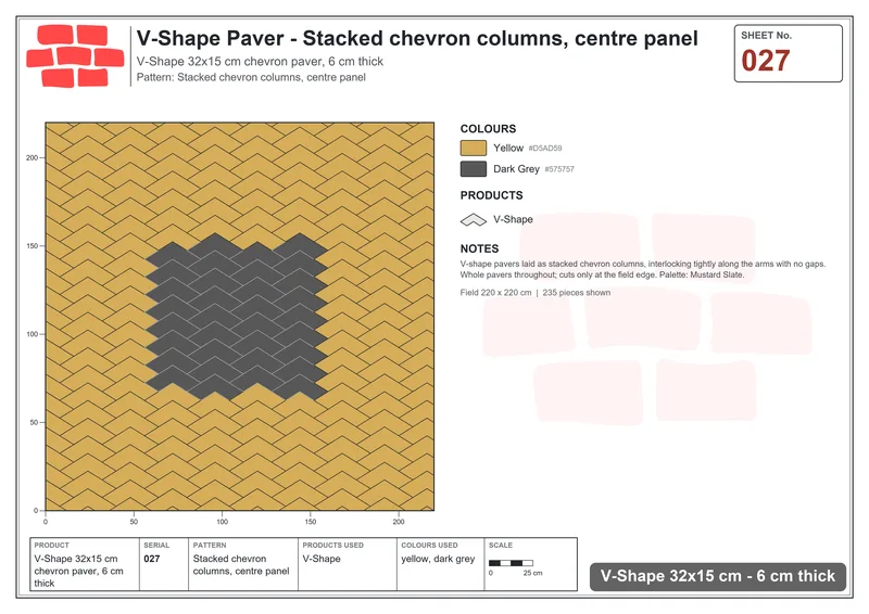 Interlock (Pasco) 32x15 cm · VSH-027 · Stacked chevron columns, centre panel · Laying plan Interlock (Pasco) 32x15 cm · VSH-027 · Stacked chevron columns, centre panel · Laying plan
