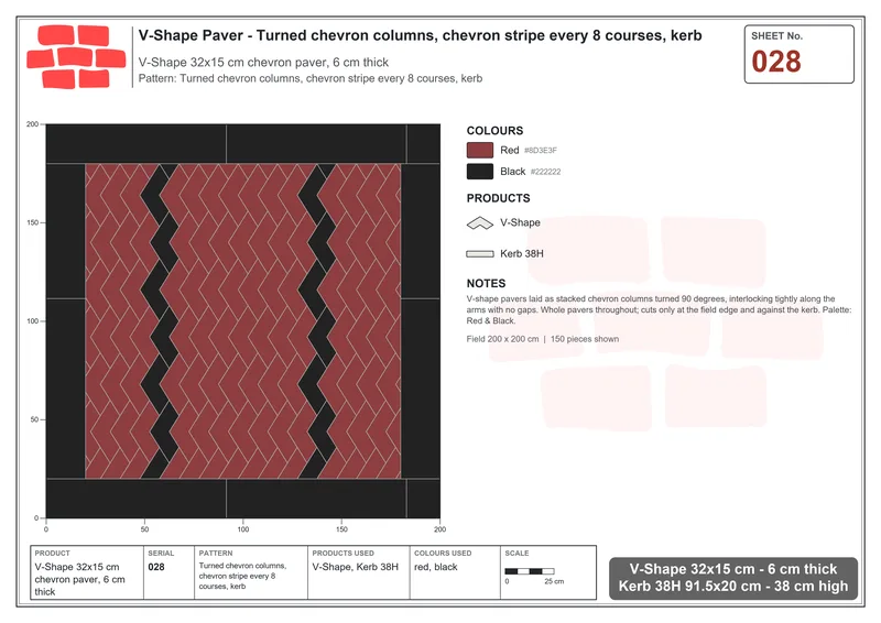 Interlock (Pasco) 32x15 cm · VSH-028 · Turned chevron columns, chevron stripe every 8 courses, kerb · Laying plan Interlock (Pasco) 32x15 cm · VSH-028 · Turned chevron columns, chevron stripe every 8 courses, kerb · Laying plan