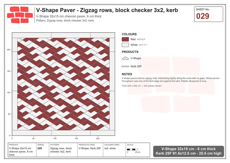 Interlock (Pasco) 32x15 cm · VSH-029 · Zigzag rows, block checker 3x2, kerb · Laying plan Interlock (Pasco) 32x15 cm · VSH-029 · Zigzag rows, block checker 3x2, kerb · Laying plan