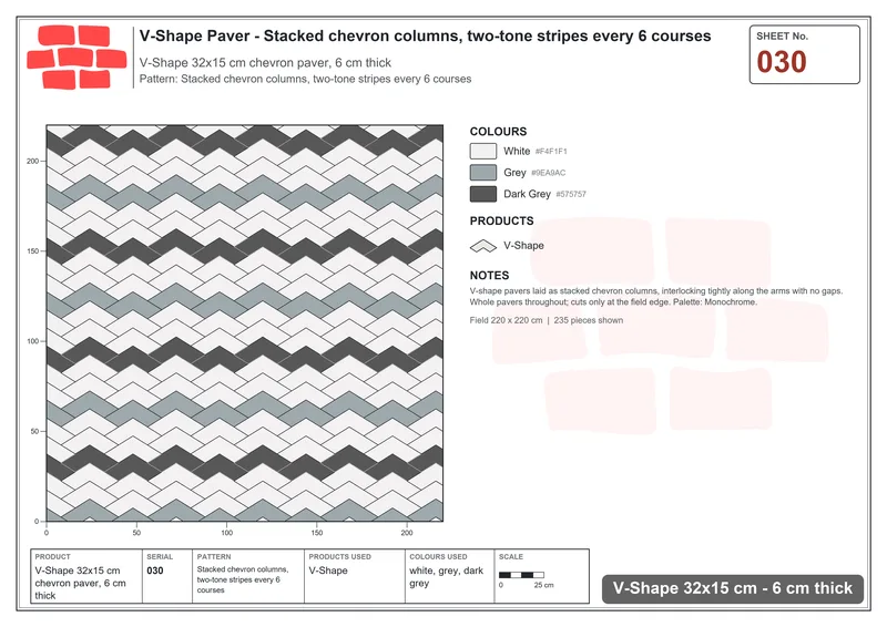 Interlock (Pasco) 32x15 cm · VSH-030 · Stacked chevron columns, two-tone stripes every 6 courses · Laying plan Interlock (Pasco) 32x15 cm · VSH-030 · Stacked chevron columns, two-tone stripes every 6 courses · Laying plan