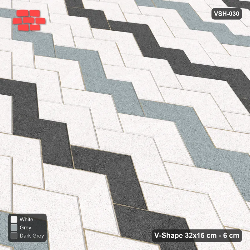 Interlock (Pasco) 32x15 cm · VSH-030 · Stacked chevron columns, two-tone stripes every 6 courses · Side view Interlock (Pasco) 32x15 cm · VSH-030 · Stacked chevron columns, two-tone stripes every 6 courses · Side view