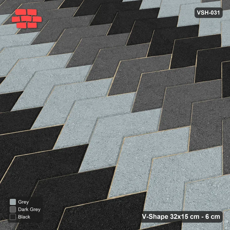 Interlock (Pasco) 32x15 cm · VSH-031 · Turned chevron columns, alternating column colours, kerb · Side view Interlock (Pasco) 32x15 cm · VSH-031 · Turned chevron columns, alternating column colours, kerb · Side view