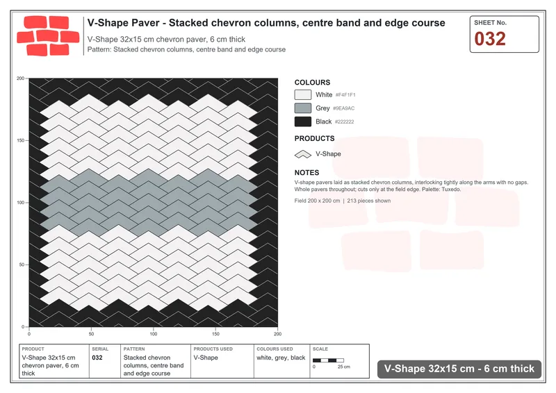 Interlock (Pasco) 32x15 cm · VSH-032 · Stacked chevron columns, centre band and edge course · Laying plan Interlock (Pasco) 32x15 cm · VSH-032 · Stacked chevron columns, centre band and edge course · Laying plan