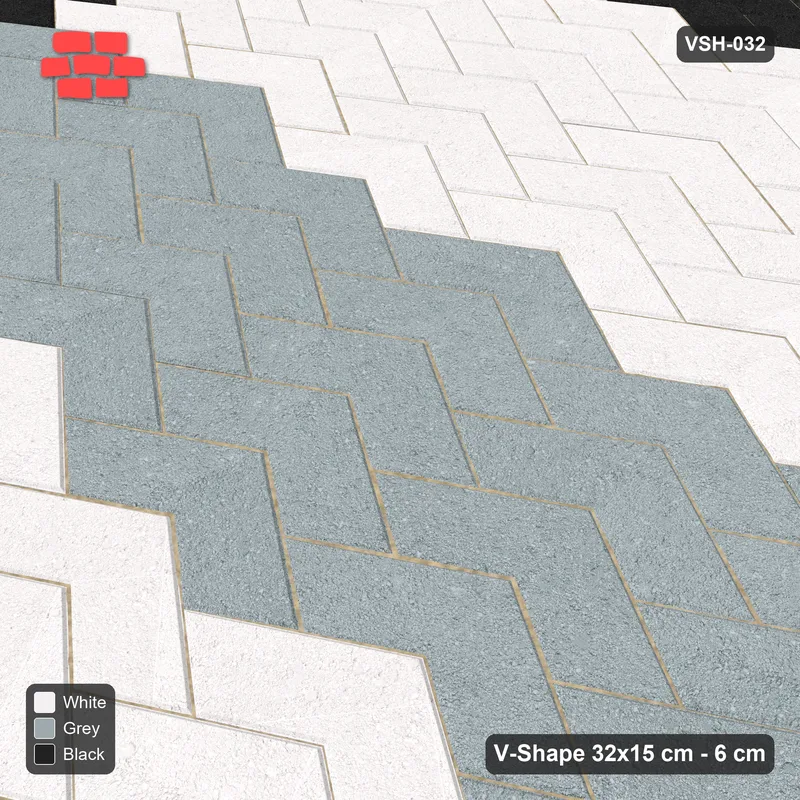 Interlock (Pasco) 32x15 cm · VSH-032 · Stacked chevron columns, centre band and edge course · Side view Interlock (Pasco) 32x15 cm · VSH-032 · Stacked chevron columns, centre band and edge course · Side view