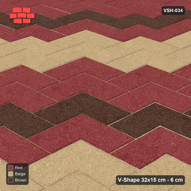 Interlock (Pasco) 32x15 cm · VSH-034 · Diagonal chevron columns, two-tone stripes every 6 courses, kerb · Side view Interlock (Pasco) 32x15 cm · VSH-034 · Diagonal chevron columns, two-tone stripes every 6 courses, kerb · Side view