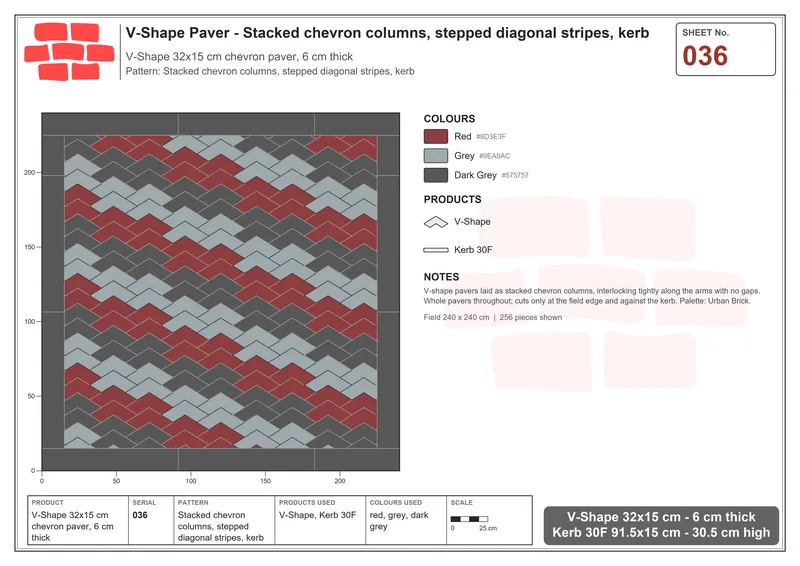 Interlock (Pasco) 32x15 cm · VSH-036 · Stacked chevron columns, stepped diagonal stripes, kerb · Laying plan Interlock (Pasco) 32x15 cm · VSH-036 · Stacked chevron columns, stepped diagonal stripes, kerb · Laying plan