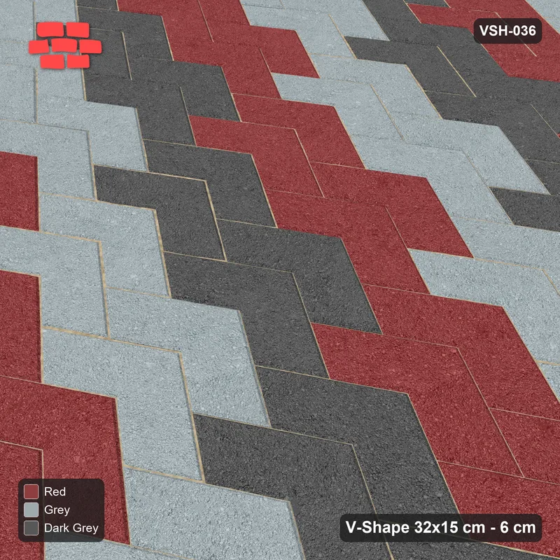 Interlock (Pasco) 32x15 cm · VSH-036 · Stacked chevron columns, stepped diagonal stripes, kerb · Side view Interlock (Pasco) 32x15 cm · VSH-036 · Stacked chevron columns, stepped diagonal stripes, kerb · Side view