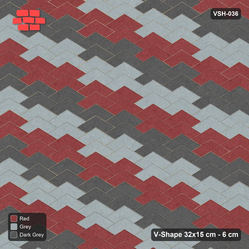 Interlock (Pasco) 32x15 cm · VSH-036 · Stacked chevron columns, stepped diagonal stripes, kerb · Top view Interlock (Pasco) 32x15 cm · VSH-036 · Stacked chevron columns, stepped diagonal stripes, kerb · Top view