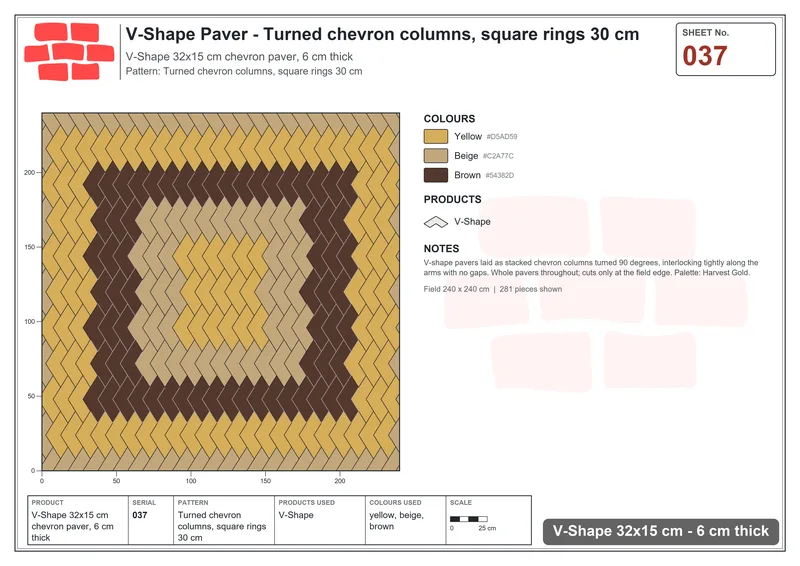 Interlock (Pasco) 32x15 cm · VSH-037 · Turned chevron columns, square rings 30 cm · Laying plan Interlock (Pasco) 32x15 cm · VSH-037 · Turned chevron columns, square rings 30 cm · Laying plan