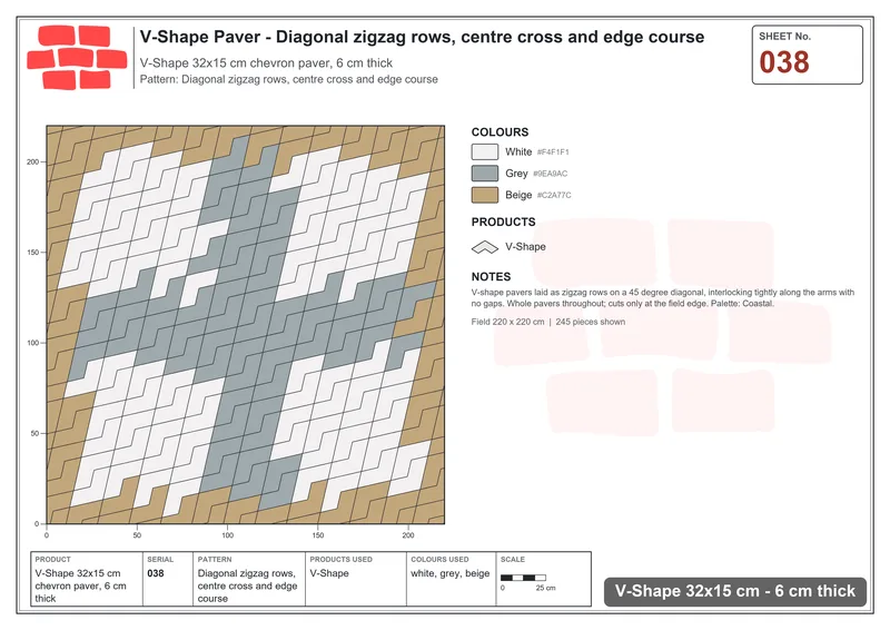 Interlock (Pasco) 32x15 cm · VSH-038 · Diagonal zigzag rows, centre cross and edge course · Laying plan Interlock (Pasco) 32x15 cm · VSH-038 · Diagonal zigzag rows, centre cross and edge course · Laying plan