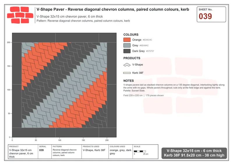 Interlock (Pasco) 32x15 cm · VSH-039 · Reverse diagonal chevron columns, paired column colours, kerb · Laying plan Interlock (Pasco) 32x15 cm · VSH-039 · Reverse diagonal chevron columns, paired column colours, kerb · Laying plan