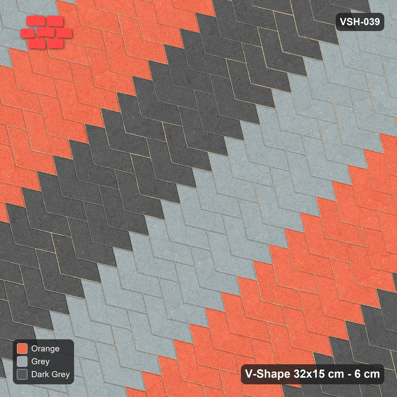 Interlock (Pasco) 32x15 cm · VSH-039 · Reverse diagonal chevron columns, paired column colours, kerb · Top view Interlock (Pasco) 32x15 cm · VSH-039 · Reverse diagonal chevron columns, paired column colours, kerb · Top view