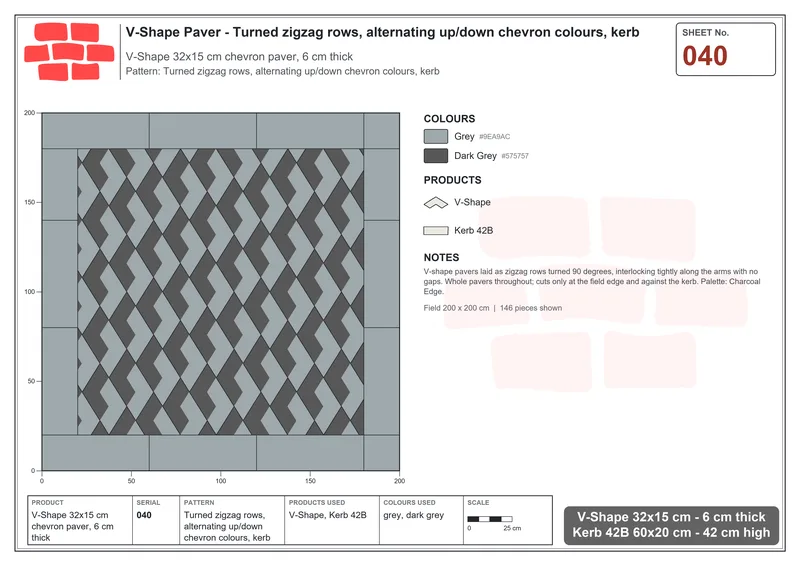 Interlock (Pasco) 32x15 cm · VSH-040 · Turned zigzag rows, alternating up/down chevron colours, kerb · Laying plan Interlock (Pasco) 32x15 cm · VSH-040 · Turned zigzag rows, alternating up/down chevron colours, kerb · Laying plan