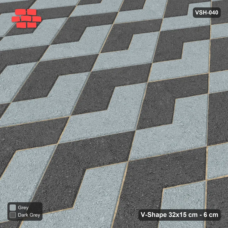 Interlock (Pasco) 32x15 cm · VSH-040 · Turned zigzag rows, alternating up/down chevron colours, kerb · Side view Interlock (Pasco) 32x15 cm · VSH-040 · Turned zigzag rows, alternating up/down chevron colours, kerb · Side view