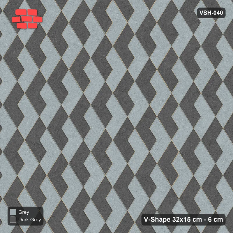 Interlock (Pasco) 32x15 cm · VSH-040 · Turned zigzag rows, alternating up/down chevron colours, kerb · Top view Interlock (Pasco) 32x15 cm · VSH-040 · Turned zigzag rows, alternating up/down chevron colours, kerb · Top view