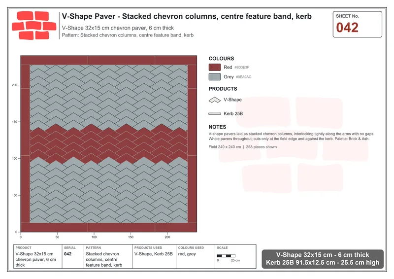 Interlock (Pasco) 32x15 cm · VSH-042 · Stacked chevron columns, centre feature band, kerb · Laying plan Interlock (Pasco) 32x15 cm · VSH-042 · Stacked chevron columns, centre feature band, kerb · Laying plan