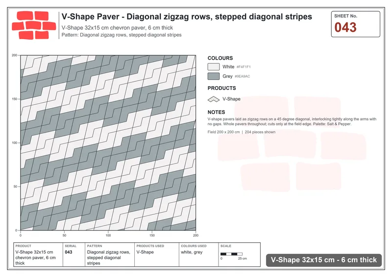 Interlock (Pasco) 32x15 cm · VSH-043 · Diagonal zigzag rows, stepped diagonal stripes · Laying plan Interlock (Pasco) 32x15 cm · VSH-043 · Diagonal zigzag rows, stepped diagonal stripes · Laying plan