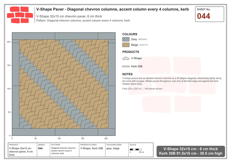Interlock (Pasco) 32x15 cm · VSH-044 · Diagonal chevron columns, accent column every 4 columns, kerb · Laying plan Interlock (Pasco) 32x15 cm · VSH-044 · Diagonal chevron columns, accent column every 4 columns, kerb · Laying plan