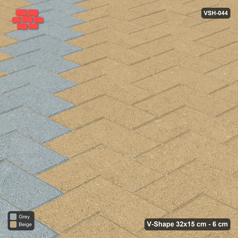 Interlock (Pasco) 32x15 cm · VSH-044 · Diagonal chevron columns, accent column every 4 columns, kerb · Side view Interlock (Pasco) 32x15 cm · VSH-044 · Diagonal chevron columns, accent column every 4 columns, kerb · Side view