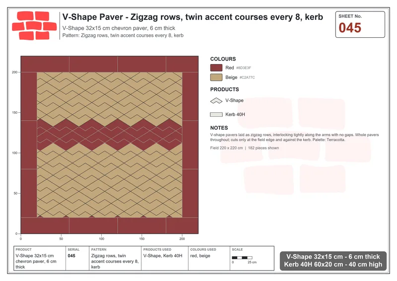Interlock (Pasco) 32x15 cm · VSH-045 · Zigzag rows, twin accent courses every 8, kerb · Laying plan Interlock (Pasco) 32x15 cm · VSH-045 · Zigzag rows, twin accent courses every 8, kerb · Laying plan