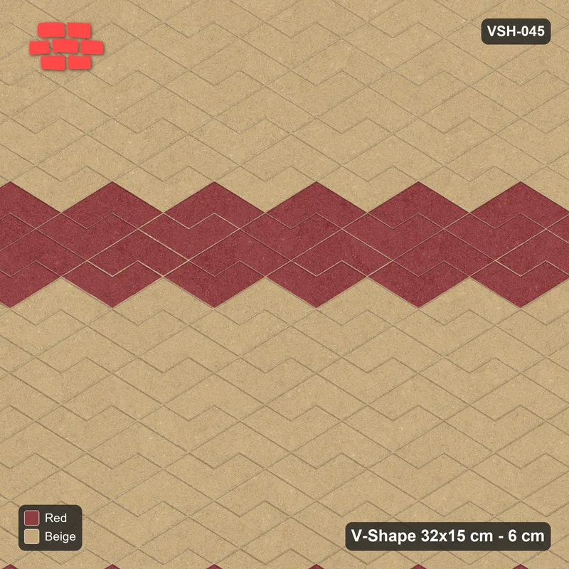 Interlock (Pasco) 32x15 cm · VSH-045 · Zigzag rows, twin accent courses every 8, kerb · Top view Interlock (Pasco) 32x15 cm · VSH-045 · Zigzag rows, twin accent courses every 8, kerb · Top view