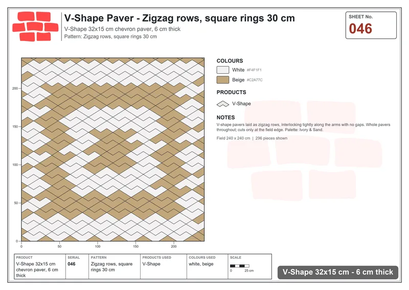 Interlock (Pasco) 32x15 cm · VSH-046 · Zigzag rows, square rings 30 cm · Laying plan Interlock (Pasco) 32x15 cm · VSH-046 · Zigzag rows, square rings 30 cm · Laying plan