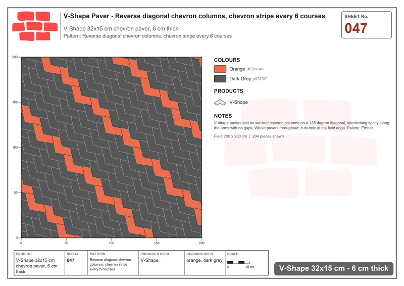 Interlock (Pasco) 32x15 cm · VSH-047 · Reverse diagonal chevron columns, chevron stripe every 6 courses · Laying plan Interlock (Pasco) 32x15 cm · VSH-047 · Reverse diagonal chevron columns, chevron stripe every 6 courses · Laying plan