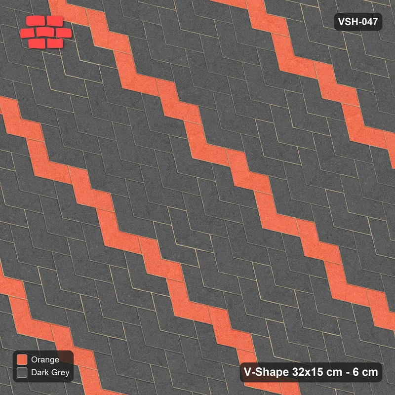 Interlock (Pasco) 32x15 cm · VSH-047 · Reverse diagonal chevron columns, chevron stripe every 6 courses · Top view Interlock (Pasco) 32x15 cm · VSH-047 · Reverse diagonal chevron columns, chevron stripe every 6 courses · Top view
