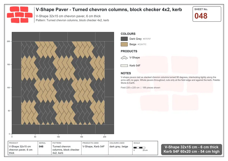 Interlock (Pasco) 32x15 cm · VSH-048 · Turned chevron columns, block checker 4x2, kerb · Laying plan Interlock (Pasco) 32x15 cm · VSH-048 · Turned chevron columns, block checker 4x2, kerb · Laying plan