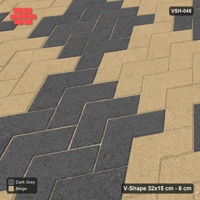 Interlock (Pasco) 32x15 cm · VSH-048 · Turned chevron columns, block checker 4x2, kerb · Side view Interlock (Pasco) 32x15 cm · VSH-048 · Turned chevron columns, block checker 4x2, kerb · Side view
