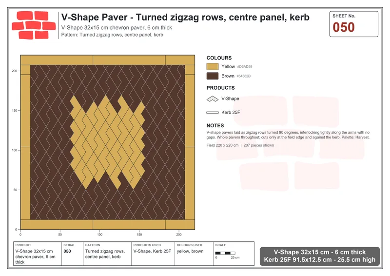 Interlock (Pasco) 32x15 cm · VSH-050 · Turned zigzag rows, centre panel, kerb · Laying plan Interlock (Pasco) 32x15 cm · VSH-050 · Turned zigzag rows, centre panel, kerb · Laying plan
