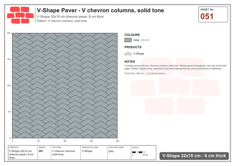 Interlock (Pasco) 32x15 cm · VSH-051 · V chevron columns, solid tone · Laying plan Interlock (Pasco) 32x15 cm · VSH-051 · V chevron columns, solid tone · Laying plan