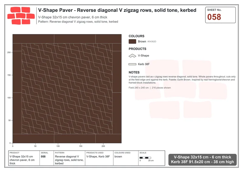 Interlock (Pasco) 32x15 cm · VSH-058 · Reverse diagonal V zigzag rows, solid tone, kerbed · Laying plan Interlock (Pasco) 32x15 cm · VSH-058 · Reverse diagonal V zigzag rows, solid tone, kerbed · Laying plan