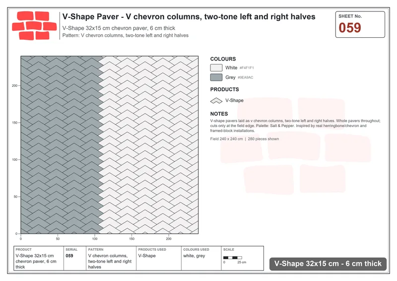 Interlock (Pasco) 32x15 cm · VSH-059 · V chevron columns, two-tone left and right halves · Laying plan Interlock (Pasco) 32x15 cm · VSH-059 · V chevron columns, two-tone left and right halves · Laying plan