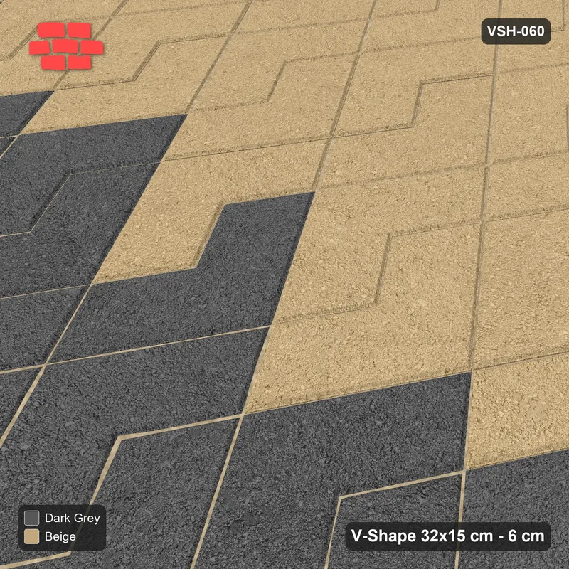 Interlock (Pasco) 32x15 cm · VSH-060 · Turned V zigzag rows, two-tone upper and lower halves, kerbed · Side view Interlock (Pasco) 32x15 cm · VSH-060 · Turned V zigzag rows, two-tone upper and lower halves, kerbed · Side view