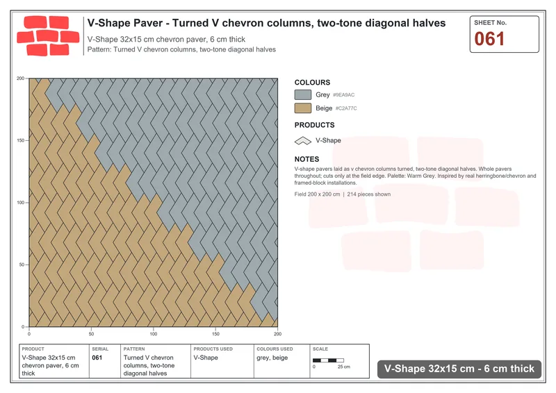 Interlock (Pasco) 32x15 cm · VSH-061 · Turned V chevron columns, two-tone diagonal halves · Laying plan Interlock (Pasco) 32x15 cm · VSH-061 · Turned V chevron columns, two-tone diagonal halves · Laying plan