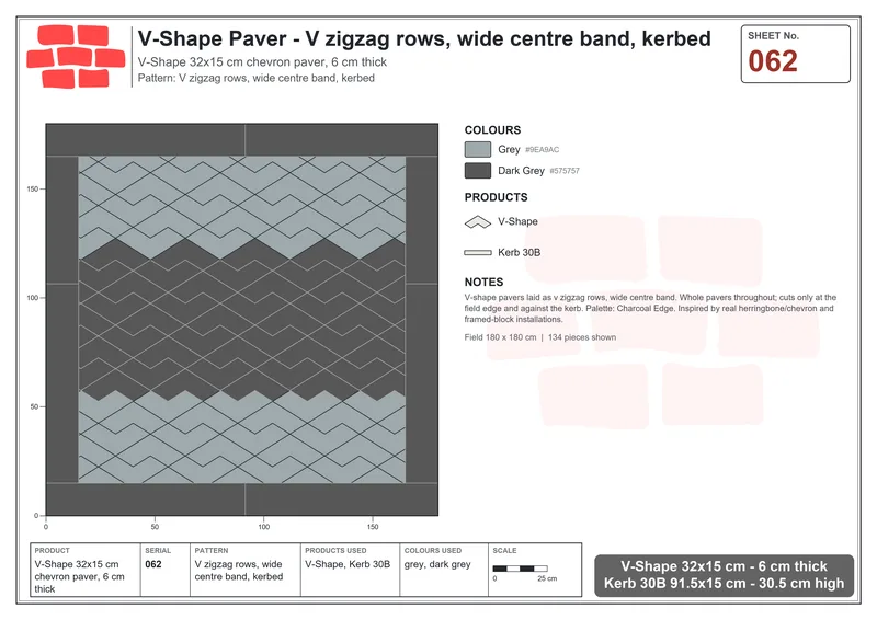 Interlock (Pasco) 32x15 cm · VSH-062 · V zigzag rows, wide centre band, kerbed · Laying plan Interlock (Pasco) 32x15 cm · VSH-062 · V zigzag rows, wide centre band, kerbed · Laying plan