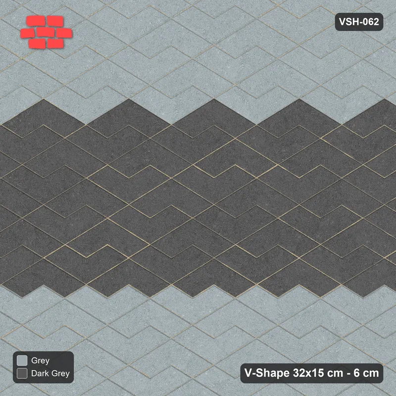 Interlock (Pasco) 32x15 cm · VSH-062 · V zigzag rows, wide centre band, kerbed · Top view Interlock (Pasco) 32x15 cm · VSH-062 · V zigzag rows, wide centre band, kerbed · Top view