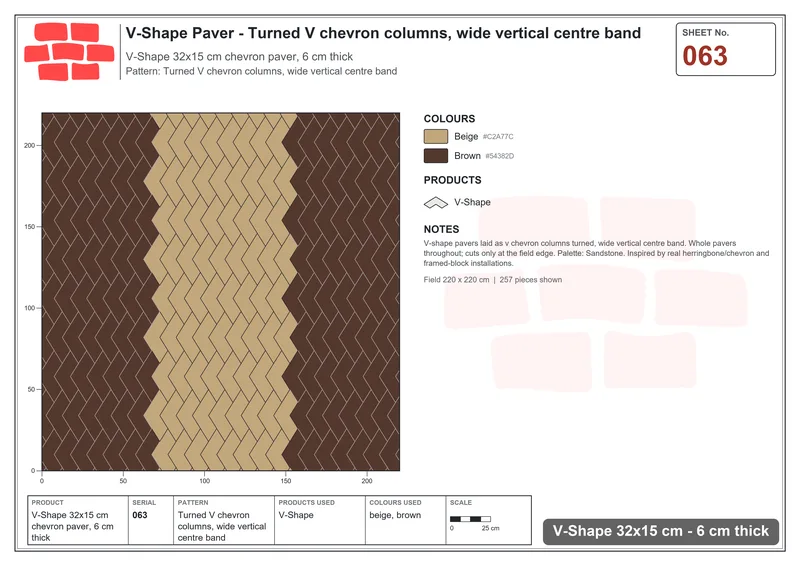 Interlock (Pasco) 32x15 cm · VSH-063 · Turned V chevron columns, wide vertical centre band · Laying plan Interlock (Pasco) 32x15 cm · VSH-063 · Turned V chevron columns, wide vertical centre band · Laying plan