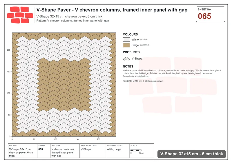 Interlock (Pasco) 32x15 cm · VSH-065 · V chevron columns, framed inner panel with gap · Laying plan Interlock (Pasco) 32x15 cm · VSH-065 · V chevron columns, framed inner panel with gap · Laying plan