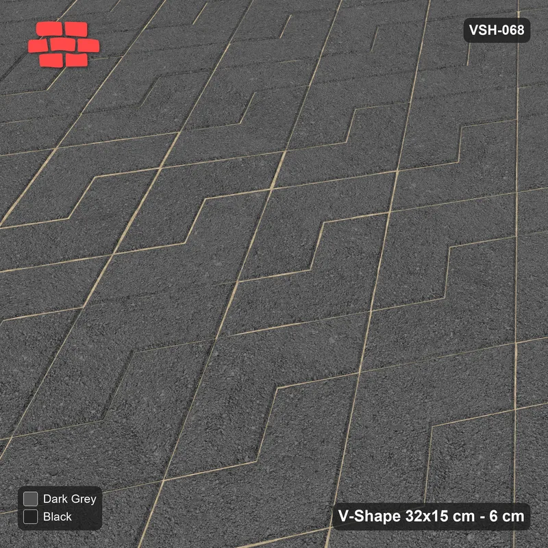 Interlock (Pasco) 32x15 cm · VSH-068 · Turned V zigzag rows, four corner blocks, kerbed · Side view Interlock (Pasco) 32x15 cm · VSH-068 · Turned V zigzag rows, four corner blocks, kerbed · Side view
