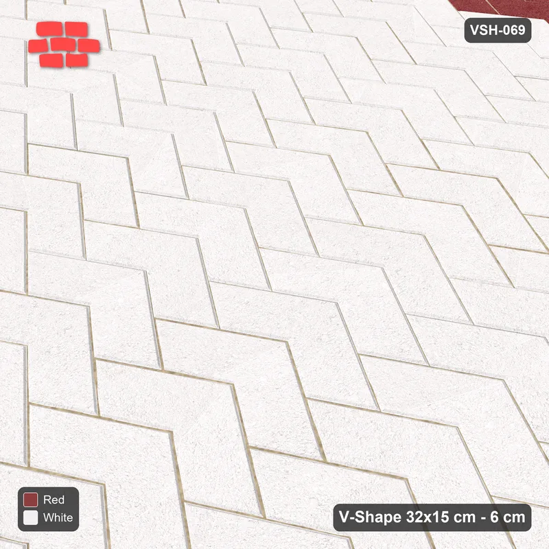 Interlock (Pasco) 32x15 cm · VSH-069 · V chevron columns, contrast top and bottom edge courses · Side view Interlock (Pasco) 32x15 cm · VSH-069 · V chevron columns, contrast top and bottom edge courses · Side view