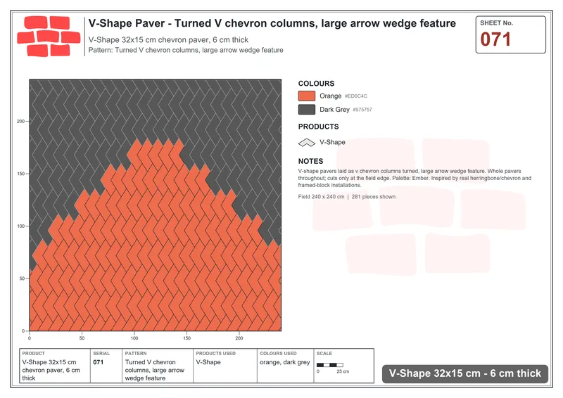Interlock (Pasco) 32x15 cm · VSH-071 · Turned V chevron columns, large arrow wedge feature · Laying plan Interlock (Pasco) 32x15 cm · VSH-071 · Turned V chevron columns, large arrow wedge feature · Laying plan