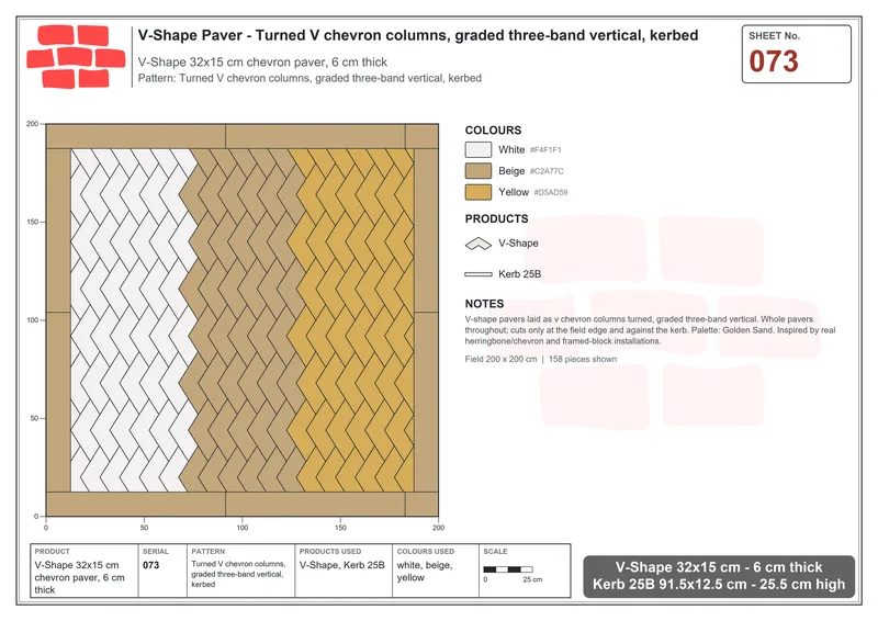 Interlock (Pasco) 32x15 cm · VSH-073 · Turned V chevron columns, graded three-band vertical, kerbed · Laying plan Interlock (Pasco) 32x15 cm · VSH-073 · Turned V chevron columns, graded three-band vertical, kerbed · Laying plan