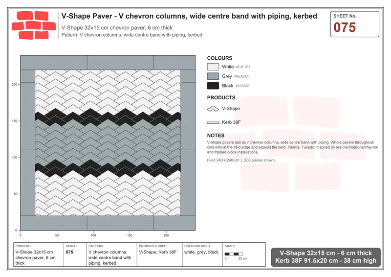 Interlock (Pasco) 32x15 cm · VSH-075 · V chevron columns, wide centre band with piping, kerbed · Laying plan Interlock (Pasco) 32x15 cm · VSH-075 · V chevron columns, wide centre band with piping, kerbed · Laying plan
