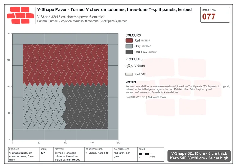 Interlock (Pasco) 32x15 cm · VSH-077 · Turned V chevron columns, three-tone T-split panels, kerbed · Laying plan Interlock (Pasco) 32x15 cm · VSH-077 · Turned V chevron columns, three-tone T-split panels, kerbed · Laying plan